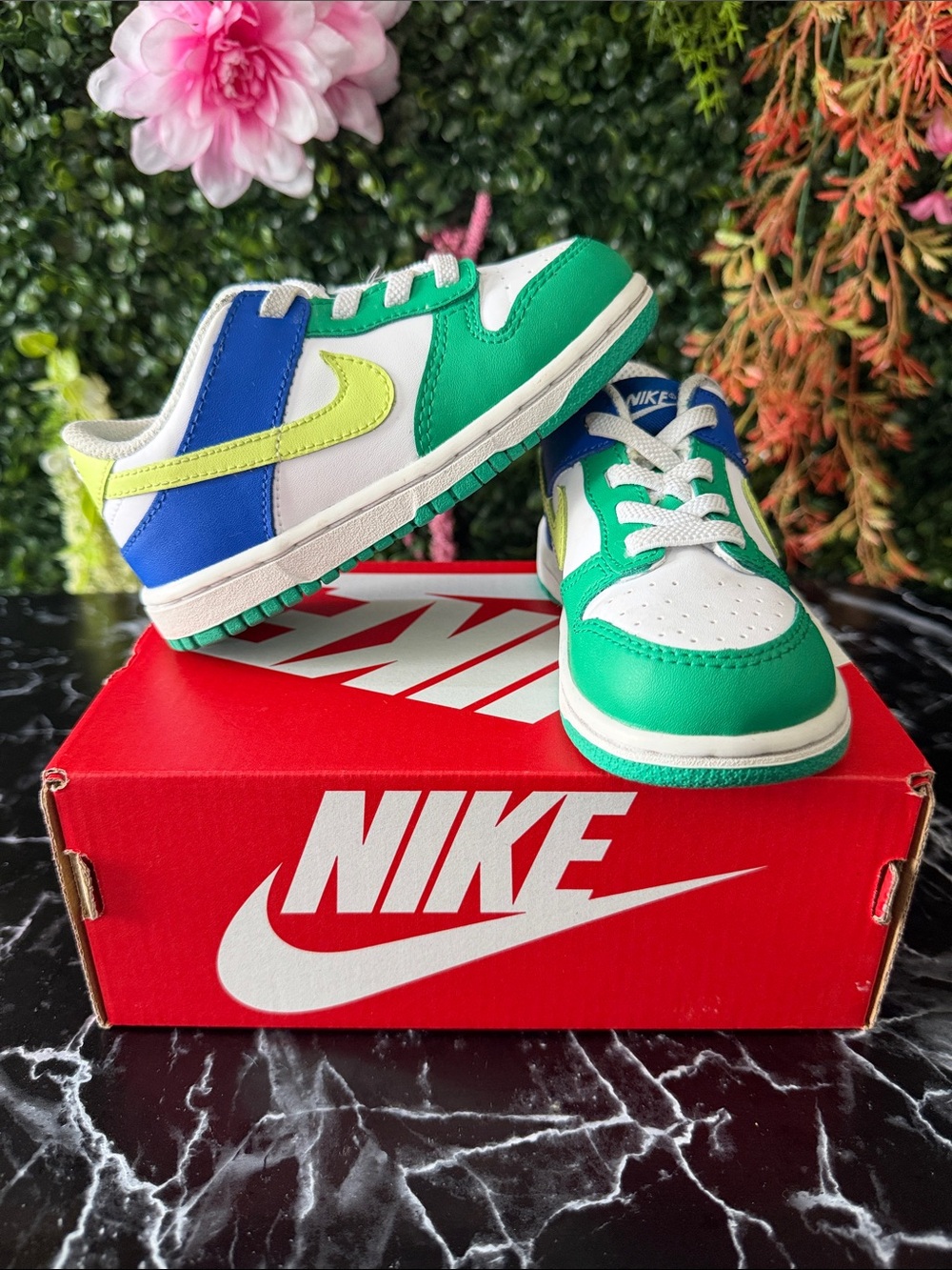 Nike Kids Low-Top Sneakers in Green, Blue, and White